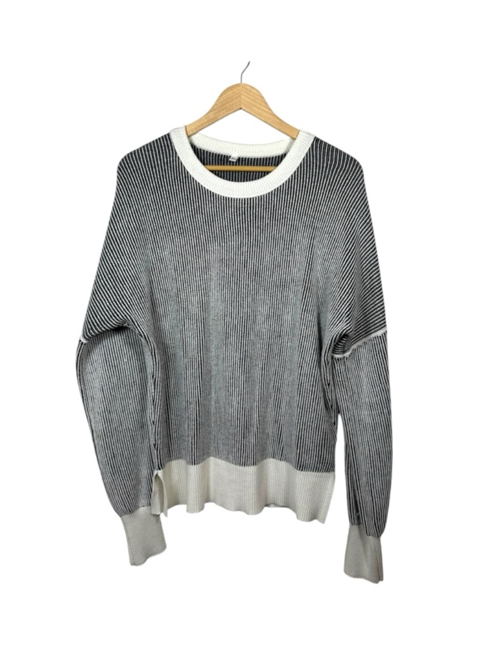 Oversized Ribbed Sweater Women Contrast Hem Crewneck Relaxed Knit Size M